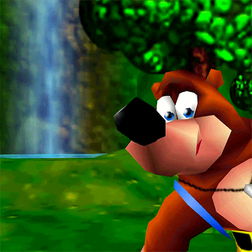 Video game gif. Banjo the Bear from Banjo-Kazooie leans into the screen and hops in to give us a smile and a thumbs up.