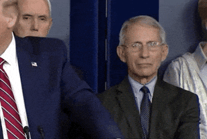 Political gif. Donald Trump speaks at a press conference, Dr. Anthony Fauci holds back laughter, covering his face with his hand.