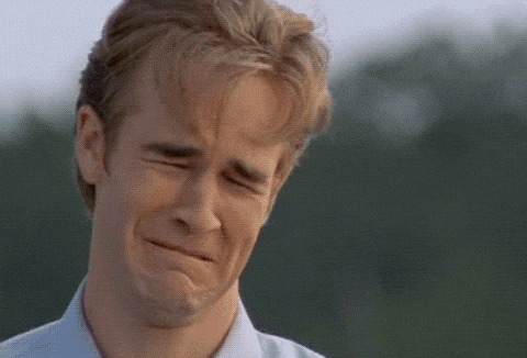 TV gif. Actor James Van Der Beek as Dawson Leery on Dawson's Creek weeps with an exaggerated grimace on his face.