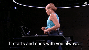 Video gif. Jess Sims, Peloton Instructor, walks on a Peloton treadmill facing off screen as she says, "It starts and ends with you always." 