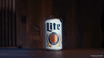 Ad gif. Can of Miller Lite sits on a wooden table. Like a neon sign, bright blue flickers around the outline of the can as well as yellow emphasis lines. Text, “TGIF.”