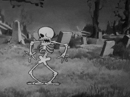 Disney gif. From The Skeleton Dance, a timid skeleton creeps carefully through a graveyard, before getting scared and running quickly. He then turns around and begins to tip-toe back, getting scared and running away again.