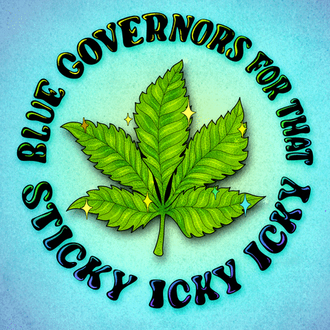 Digital art gif. Marijuana leaf glittering and twinkling on a tie-dye blue background, a message in groovy bubble letters all around reads "Blue governors for that sticky icky icky."