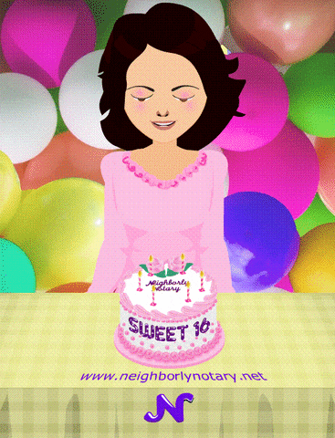 Pohyblivá animace s dívkou, která sfoukává narozeninový dort s nápisem "Sweet 16" na pozadí barevných nafukovacích balónků. 