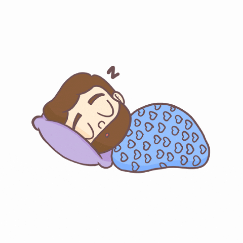 Illustration gif. Man with a beard sleeps peacefully tucked in with a blue blanket.
