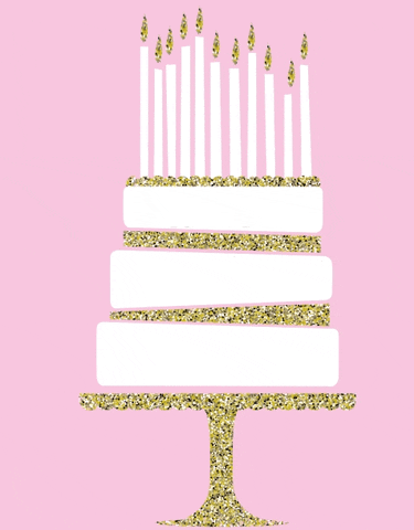Digital art gif. A white, 3 tiered cake with gold filling and tall white candles rests on a gold cake stand. Text scrawled across each layer reads, "Happy birthday to you."