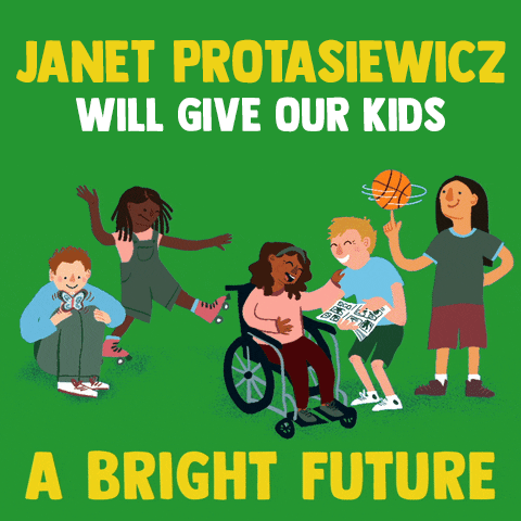 Political gif. Diverse group of schoolchildren enjoying recess activities, the message "Janet Pro-ta-say-witz will give our kids a bright future."