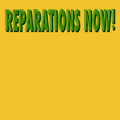 Digital art gif. Four Black fists grasping wads of green dollar bills punch upward toward the sky. Text, "Reparations now!" against a bright yellow background.