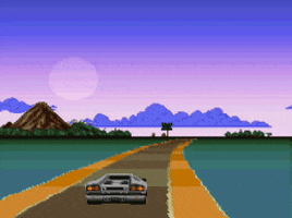 Video game gif. A pixelated car speeds down a road past palm trees and under an open sky. 