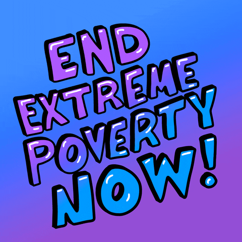 Text gif. Gleaming bubble text in blue and purple over a blue andpurple background reads, “End extreme poverty now! Our future can’t wait!”
