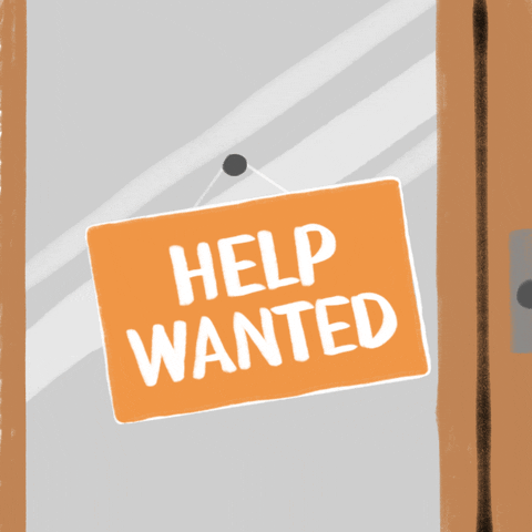 Digital art gif. Orange sign swings on a hook over a glass window background. One side says, “Help wanted.” The sign flips and reads, “Election workers needed in Texas.”