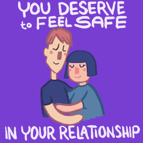 Digital art gif. Four illustrations of diverse heterosexual and LGBTQ+ couples in a loving embrace flash sequentially against a violet background. Text, “You deserve to feel safe in your relationship.”