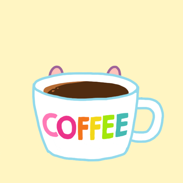 Illustrated gif. A tiny pig climbs over the rim of a coffee cup and falls in.