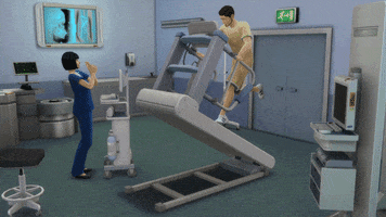 Video game gif. Two Sim characters are standing in a hospital room and one of them is on a treadmill, which is heavily inclined. The character flies off, with their hands still holding onto the bars.