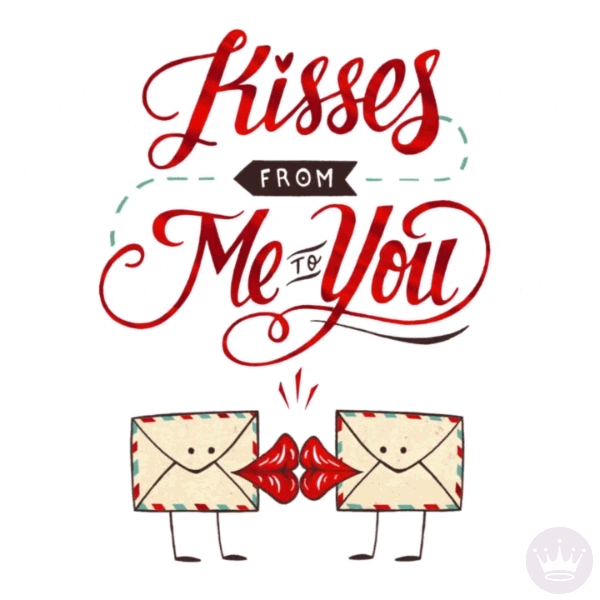 Digital art gif. Two envelopes with fat lips are giving one another cute little pecks while the text reads,"Kisses from me to you." 
