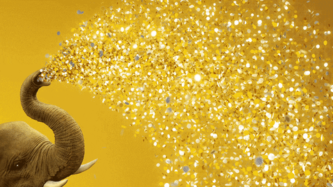 Pohyblivý gif se sloním chobotem, z něhož vylétávají zlaté mince.