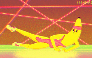 Digital art gif. A banana wears a pink aerobics outfit and sweat band as it stretches one of its long legs. 