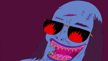 Cartoon gif. A cartoon monster has its mouth open in an evil smile and a crackling flame reflect in their sunglasses.