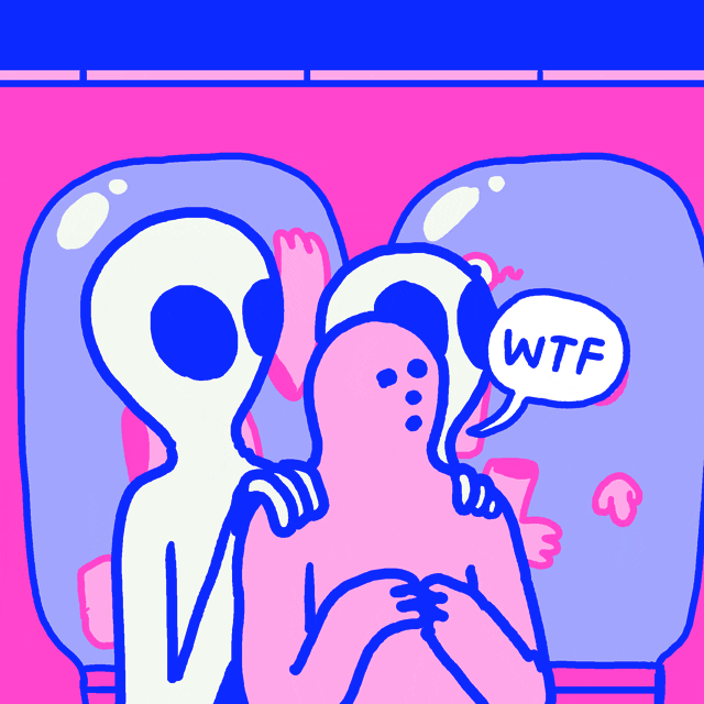 Illustrated gif. Pair of aliens guide a person down a hall lined with vats containing diced up human remains, the human reacting with a speech bubble reading, "WTF."