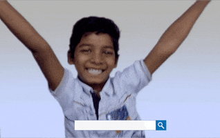 Celebrity gif. Sunny Pawar dances excitedly, pumping his arms in the air repeatedly, as a search bar types out "Yay!"