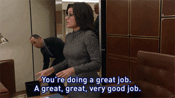 TV gif. Julia Louis-Dreyfus as Selina in Veep stands behind a desk and speaks emphatically while Tony Hale as Gary moves a garbage can in the background. Selina gestures with her arms as she says, "You're doing a great job. A great, great, very good job."