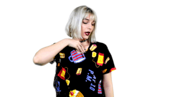 Video gif. Woman pulls two pieces of pepperoni pizza out of her shirt. She holds up the slices in each hand and looks at us with surprise.