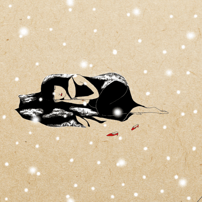 Illustrated gif. Woman with black hair and red lips sleeps curled up beside a pair of red high heels as snow flurries around her.