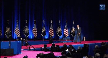 Politics gif. Barack Obama walks down a red carpeted walkway on stage toward a podium, in front of an array of alternating American and presidential seal flags.