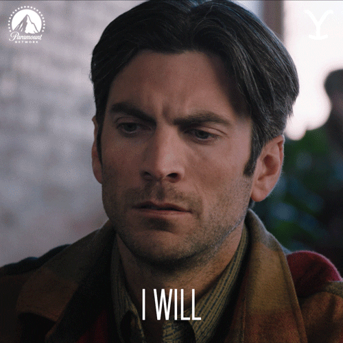 TV gif. Wes Bentley as Jamie in Yellowstone, looks down, closing his eyes for strength before saying "I will."