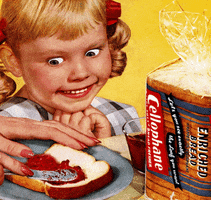 Digital art gif. In what looks like a magazine ad for white bread from the 1950s, a little girl watches with wild impatience while a manicured women's hand spreads red jelly onto a piece of bread.