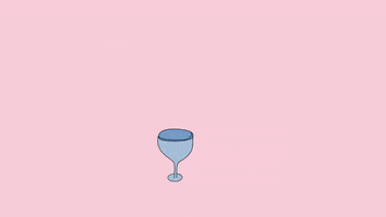 Digital art gif. A smiling green face pops out of a champagne glass and waves as it puts on a blue hat with a small yellow flower, like Mary Poppins' hat. 