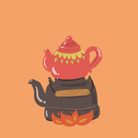 Illustrated gif. A small steaming pink teapot sits atop a steaming large black kettle as a fire burns beneath.