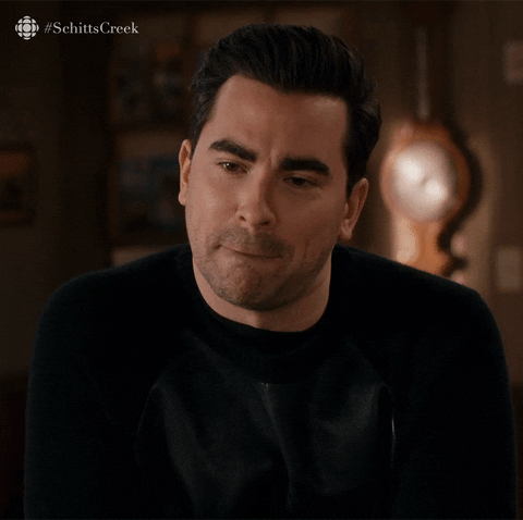Schitt’s Creek gif. Dan Levy as David bites his lip and nods quickly as he says, “That’s correct.”