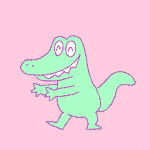 Illustrated gif. Cute, mint-colored alligator smiles and dances, then bows and opens its mouth, where a small yellow bird sits and tips its hat.