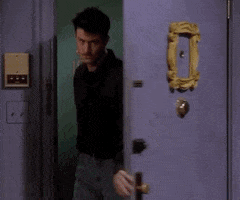 TV gif. A young Matthew Perry as Chandler in Friends swings the apartment door open and struts in the room in a cool manner, raising one eyebrow and looking around the room like, "Dang I look good, who's watching?" 