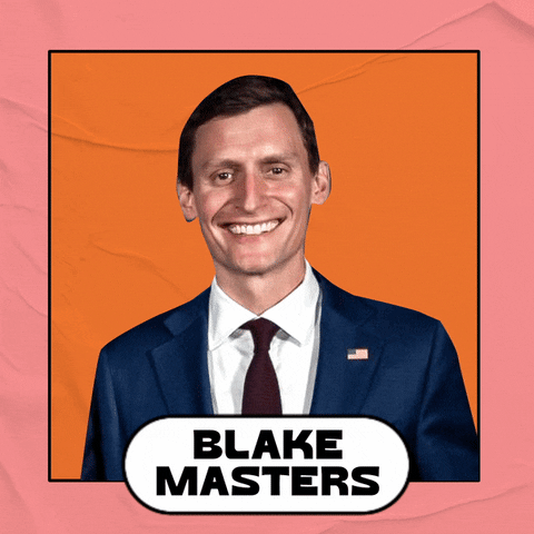 Photo gif. Make America Great Again hat adheres to a smiling photo of Blake Masters framed in orange against a pink background. A stamp appears next to him that reads, “Is a Trump Republican.”