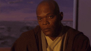 Movie gif. Samuel L. Jackson as Mace Windu in Star Wars Episode 1 slowly moves his hand up and rubs his chin as thinks with a serious expression on his face. 