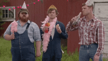 TV gif. Three men from Letterkenny are standing in a field at a very pink party. They all have party hats or tiaras on and are holding drinks, looking very out of place. One of them swigs his beer on the side.