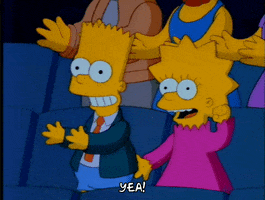 The Simpsons gif. Bart and Lisa stand up in an audience and cheer happily. Lisa waves her arms up and down and Bart whistles with his fingers in his mouth.  