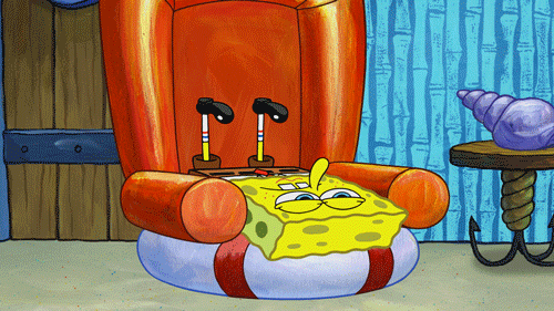 SpongeBob gif. SpongeBob lays upside down on a chair then flips over sideways and lays on his stomach with extreme boredom in his eyes, nose hanging over the armrest. He switches to a seated position then slides off the chair like jello. 