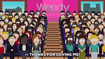 South Park gif. Parodying The Wendy Williams Show, a diverse crowd sits in front of a large, hot pink Wendy sign and simultaneously chants, "Thanks for loving me! I love you, too!," which appears as text.
