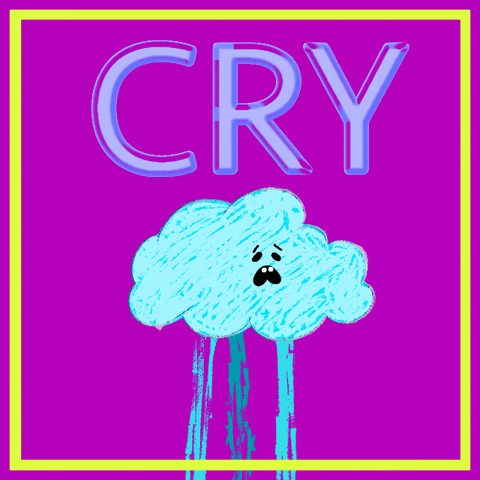 Illustrated gif. A sobbing cloud releases streams of heavy rain. Text, "Cry."