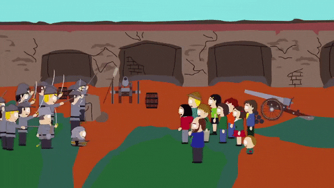 GIF of an episode of South Park where they reenact a battle in the Confederate War.