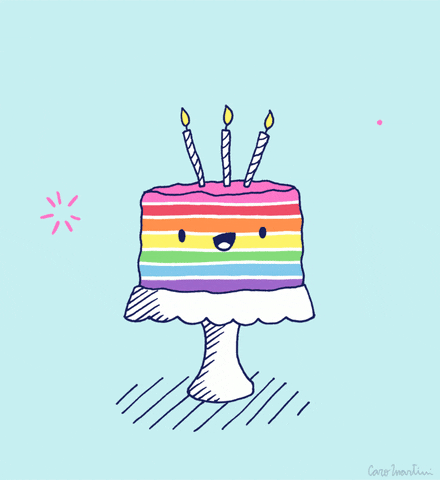 Pohyblivá animace s duhovým narozeninovým dortem na stojánku s hořícími svíčkami.