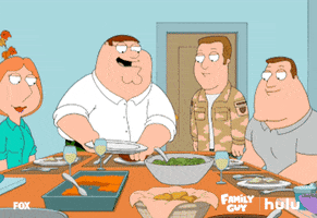 Cartoon gif. Peter from Family Guy puts a piece of turkey on his plate and the camera zooms in on his plate, where we see it get loaded with peas, mashed potatoes, and salad.