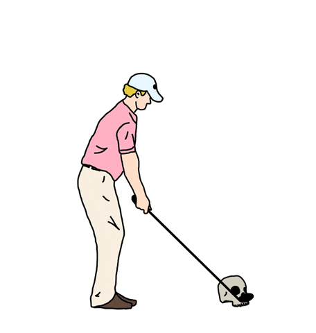 an animation of a man playing golf with a skull