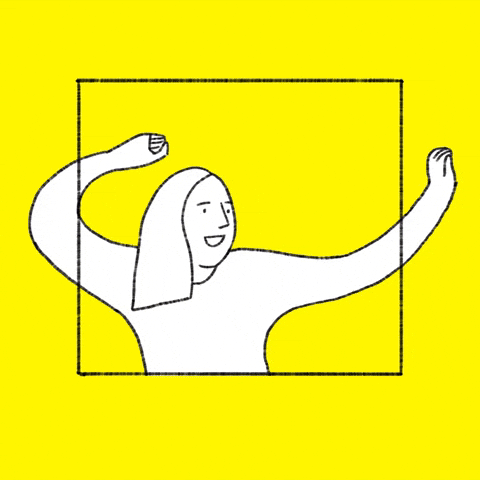 Illustrated gif. Line drawing of a woman dancing inside of a square frame with a yellow background; her arms swing over her head as she sways left and right.