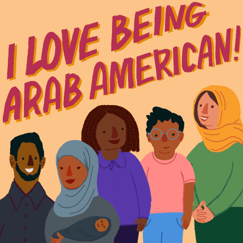 Illustrated gif. Five diverse people including a man with a beard, a woman wearing a hijab cradling a baby, and a boy with glasses blink as they smile at us and stand in front of a buttercup yellow background. Text, "I love being Arab-American!"