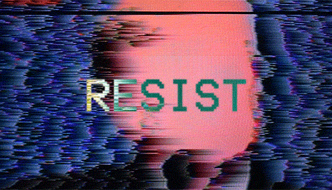 Gif of a blurred TV screen with what looks like Trump's face, overlaid with the word RESIST