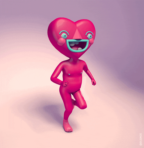 Cartoon gif. A CG person with a large heart for a head runs in a perfect loop and has a giant smile, the eyes somewhat manic, while little hearts pop up around it.